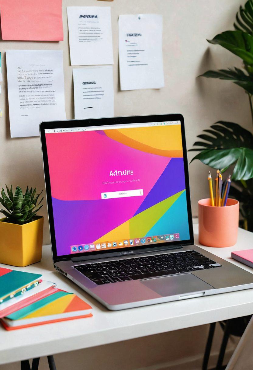 A captivating desktop scene featuring a sleek laptop displaying a blog about NSFW content creation. Surrounding the laptop are colorful stationery, an open notebook filled with creative ideas, and soft lighting creating an inviting atmosphere. Include subtle hints of sensual art in the background, like tasteful abstract paintings. The overall mood should be vibrant yet professional, emphasizing creativity and exploration in adult blogging. super-realistic. vibrant colors. soft focus.