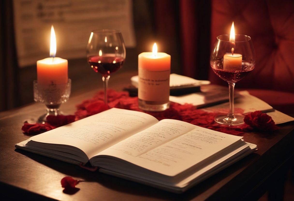 A captivating desk scene showcasing a beautifully crafted notebook with sensual illustrations and enticing quotes about erotic writing. Beside it, a soft-lit candle and a glass of red wine cast warm glows, creating an inviting atmosphere. In the background, blurred silhouettes of diverse individuals engaging in passionate conversation reflect the theme of adult creativity. Include hints of elegant lace and flowers to add a touch of sophistication. super-realistic. warm tones. inviting atmosphere.